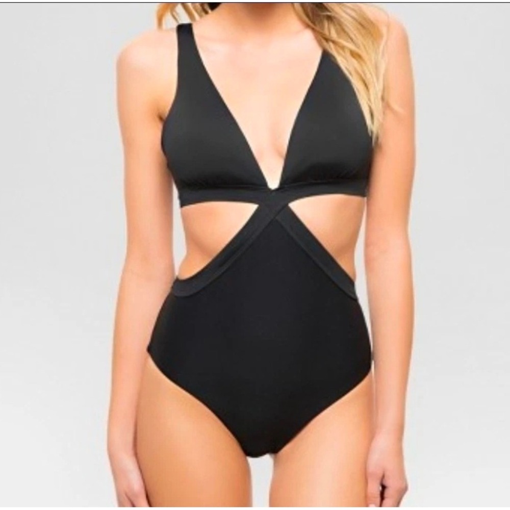 Aerie Ribbed Mix Crossover Cut Out One Piece Swimsuit Black L New